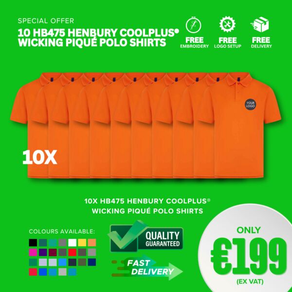 10 HB475 Henbury Coolplus® Wicking Piqué Polo Shirts Thumbnail