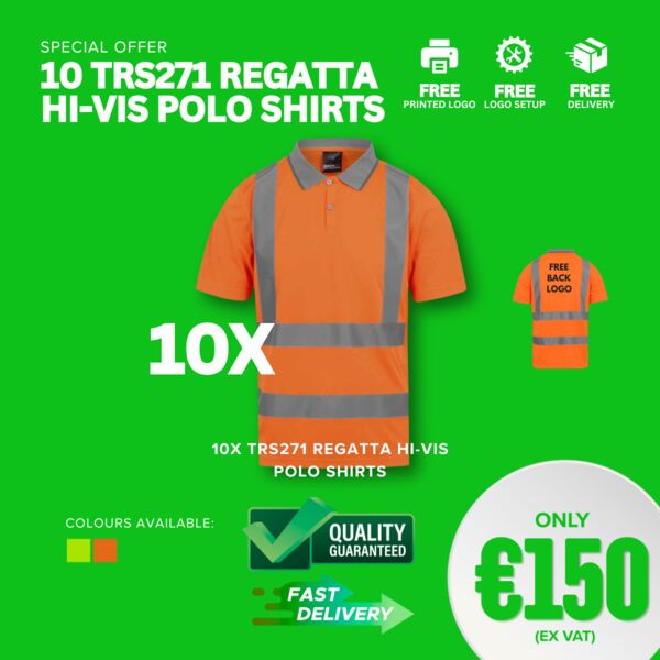 10 TRS271 Regatta Hi-Vis Polo Shirts with FULL COLOUR LOGO Thumbnail
