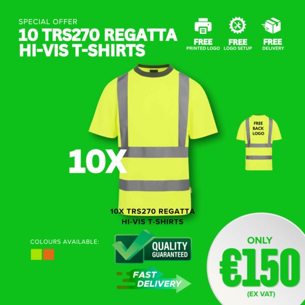 10 TRS270 Regatta Hi-Vis T-shirts with FULL COLOUR LOGO Thumbnail