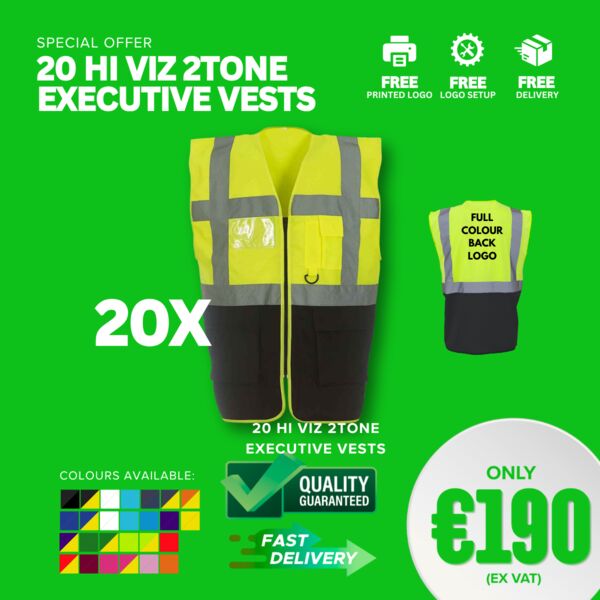 20 Hi Viz 2Tone Excecutive Vests Pack with FULL COLOUR LOGO Thumbnail